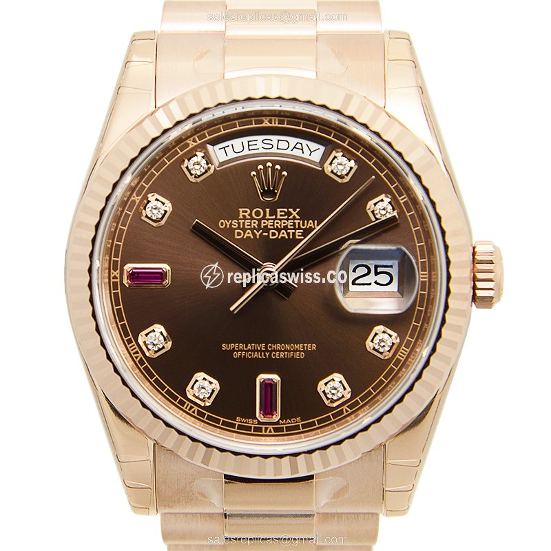 Rolex Day-Date Replica - 18kt Gold Case - Brown Dial - Automatic - Pink Gold Strap