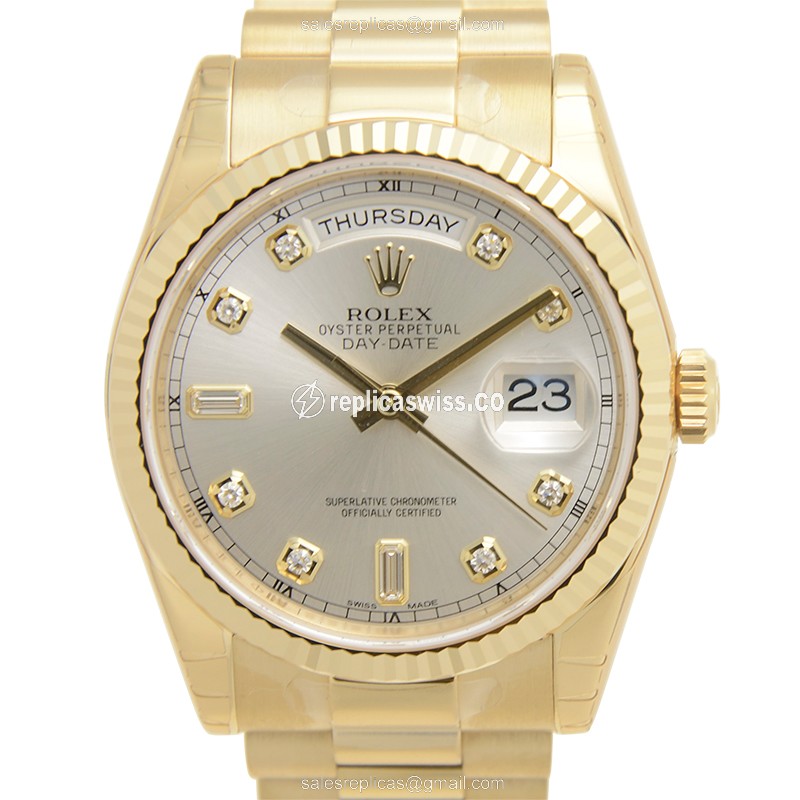 Rolex DAY-DATE Replica - Automatic - 18kt Gold Case, Silver Dial, Gold Clasp & Strap