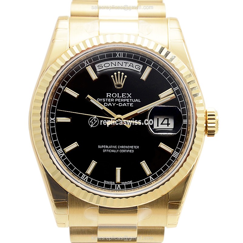 Rolex DAY-DATE Replica - Automatic, Black Dial, Gold Clasp & Band - Luxury Replica DAY-DATE Watch
