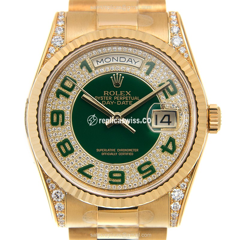 Rolex DAY-DATE Replica - Automatic - 18kt Gold - Diamond Bezel - Green Dial