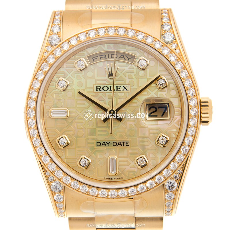 Rolex DAY-DATE Replica - Automatic - 18kt Gold Case, Diamond Bezel - Gold Dial