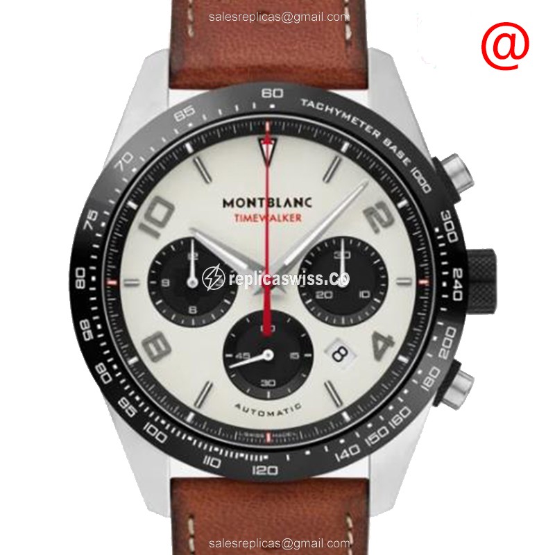 Mont Blanc 118488 TIMEWALKER Replica - Automatic - Steel Case - Silver Dial - Brown Leather Strap - Luxury Replica TIMEWALKER Watch