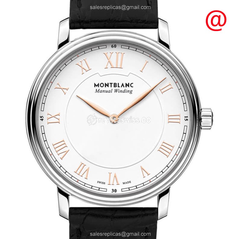 Mont Blanc 119962 Tradition Replica - Automatic - Stainless Steel Case - White Dial - Leather Strap - Black Buckle - Luxury Replica TRADITION Watch