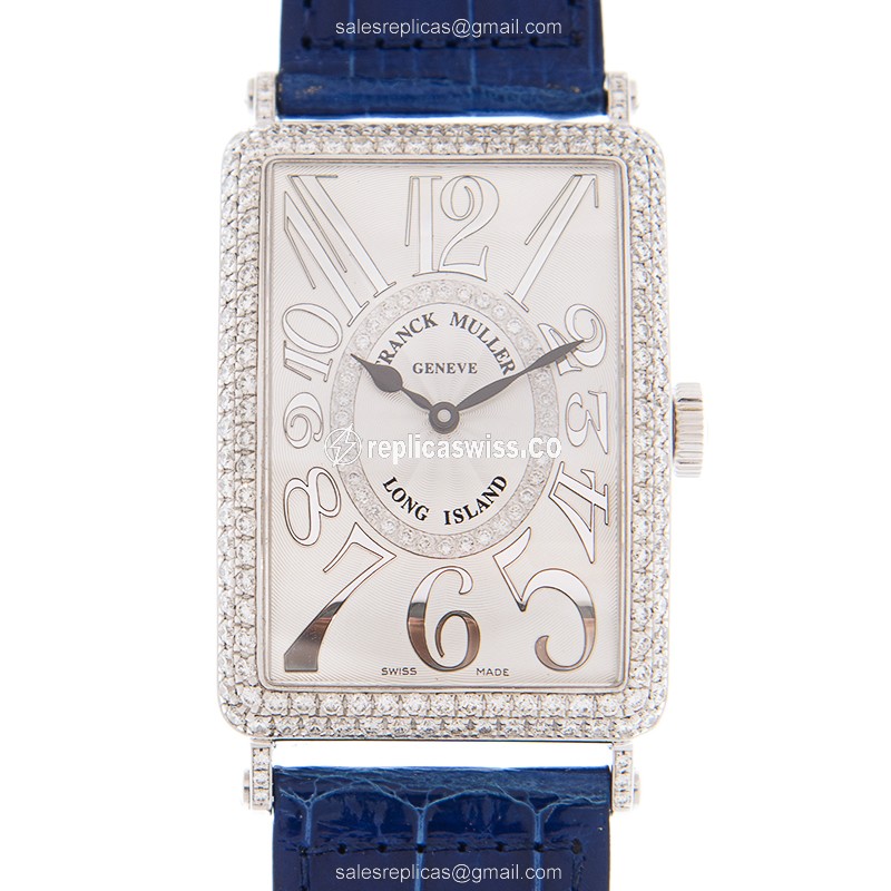 Franck Muller LONG ISLAND Replica - Automatic - 18kt White Gold - Diamond - Blue Leather Strap