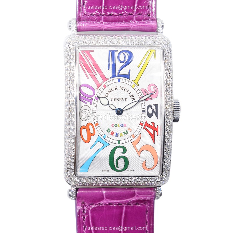 Franck Muller 1200 SC D COL DRM LONG ISLAND - Auto 18kt White Gold - Diamond Dial - Silver - Alligator Purple Buckle