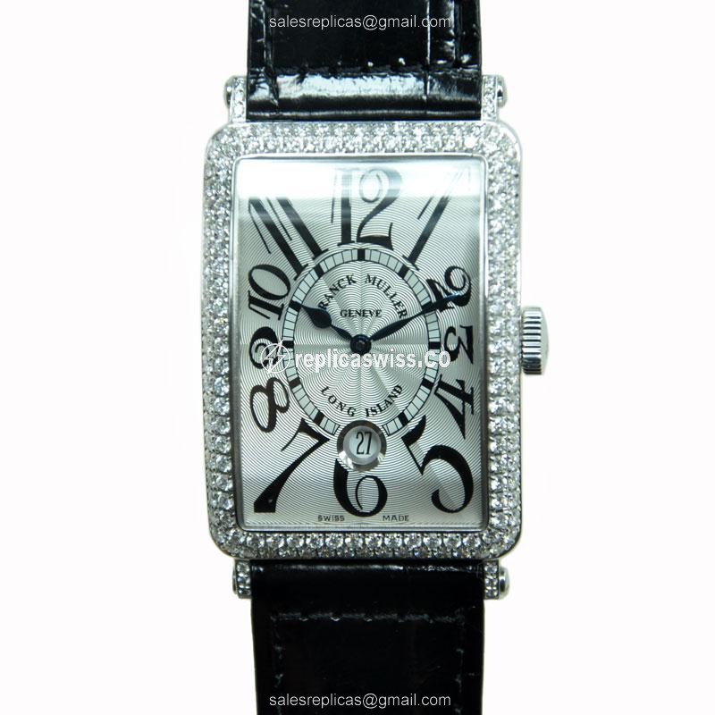 Franck Muller 1200 SC DT D LONG ISLAND Auto 18kt White Gold Diamond Buckle Black Alligator Strap - Luxury Replica LONG ISLAND Watch