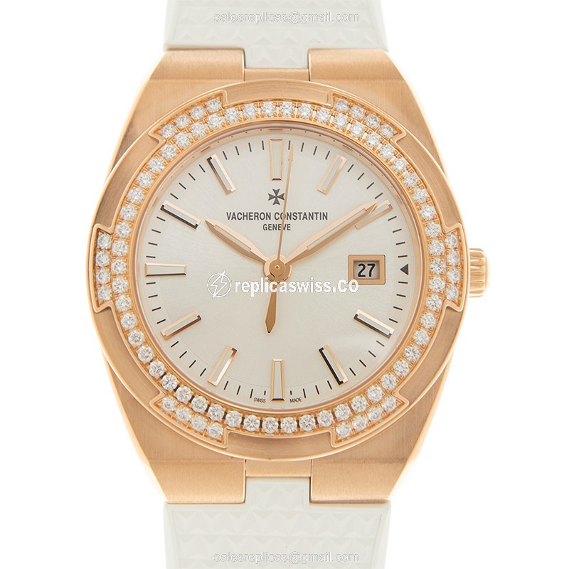 Vacheron Constantin Replica Overseas - Quartz - 18kt Rose Gold - Diamonds - Silver Dial - Leather Strap - White Buckle