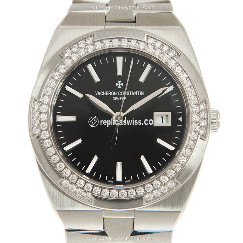Vacheron Constantin Overseas Quartz - Diamond Dial - Black - Steel Case - Silver Strap - Luxury Replica OVERSEAS Watch