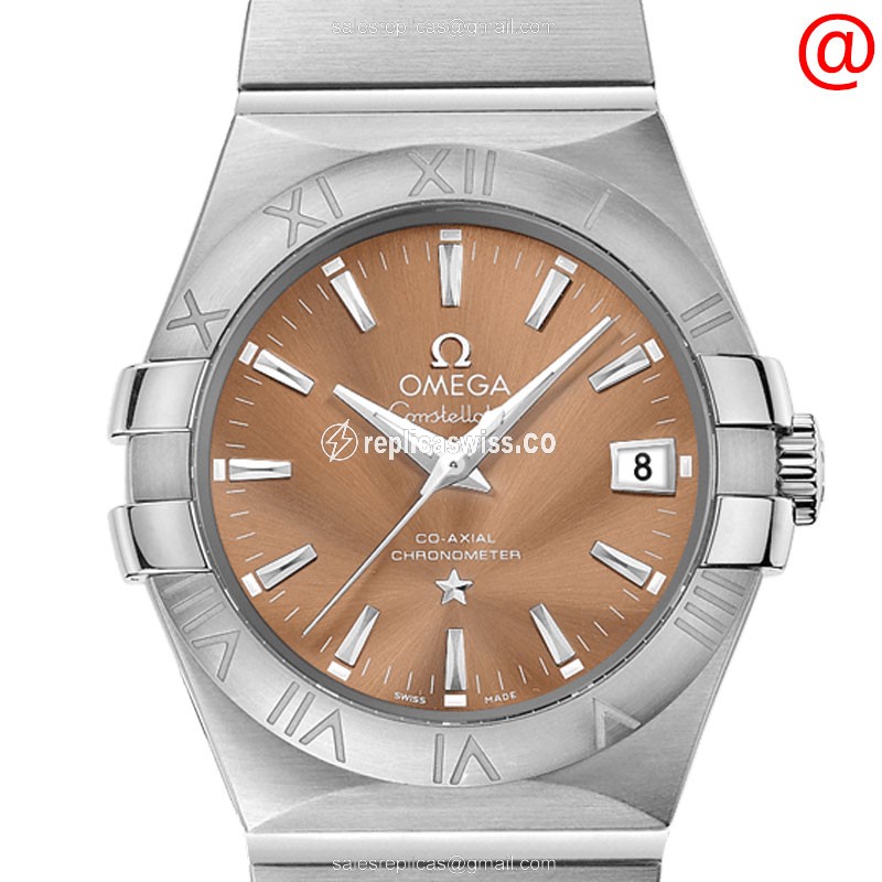 Omega Constellation Replica - Automatic - Stainless Steel - Brown Dial - Silver Clasp - Brown Leather Strap - Luxury Replica CONSTELLATION Watch