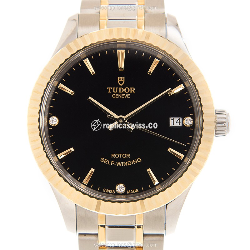 Tudor 12313-65033-369DI-BK Replica - Automatic 18kt Gold Case - Black Dial - Steel Strap - Luxury Replica STYLE Watch
