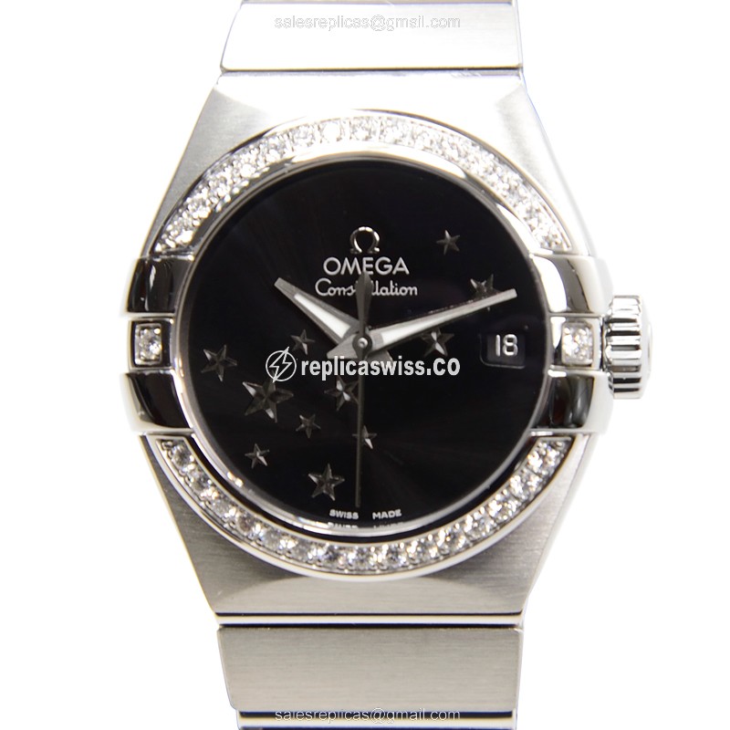 Omega Constellation Replica - Automatic - Black Dial on Steel, Diamond Case