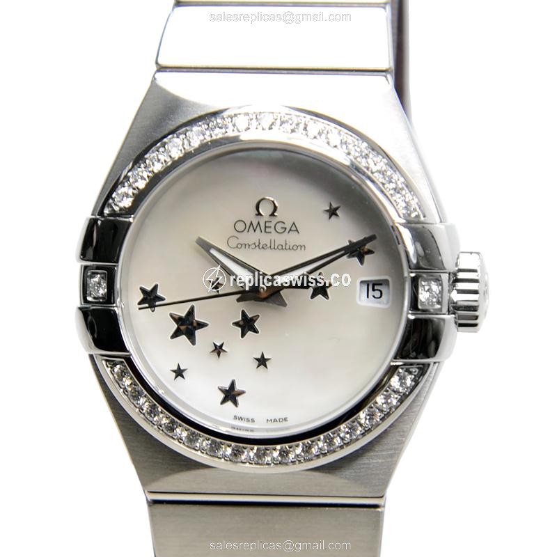 Omega Constellation Replica - Automatic - White Dial - Diamonds - Silver Steel Clasp