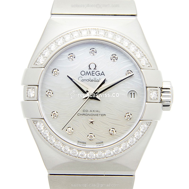 Omega Constellation Replica - Automatic - White Dial - Steel Case & Diamonds - Silver Steel Strap