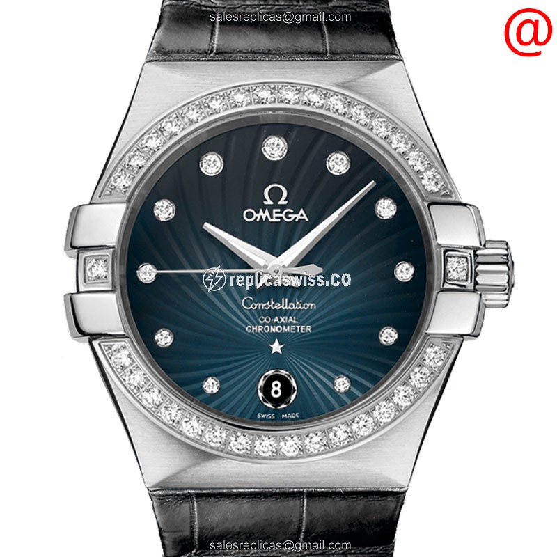 Omega Constellation Replica - Automatic - Diamond-Trimmed Blue Dial - Alligator Black Strap
