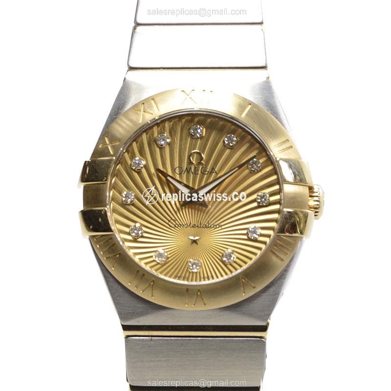 Omega Constellation Replica - Quartz - 18kt Gold & Steel - Gold Dial - Silver Clasp