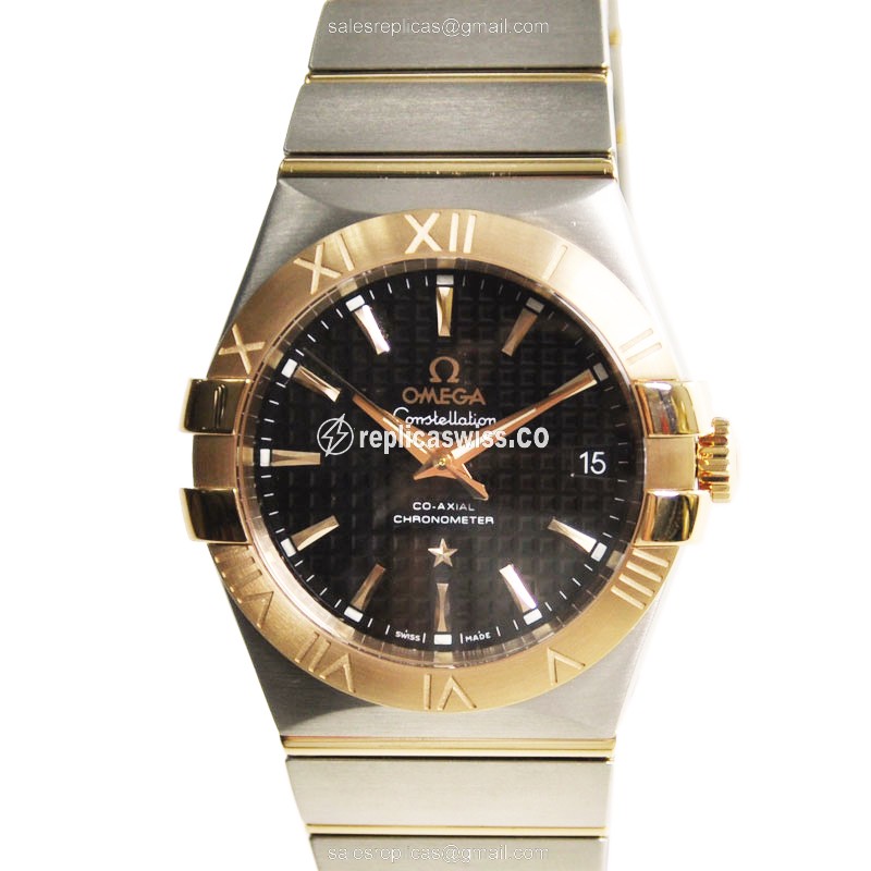 Omega Constellation Replica - Automatic - 18kt Rose Gold & Steel Case - Black Dial - Silver Clasp & Strap