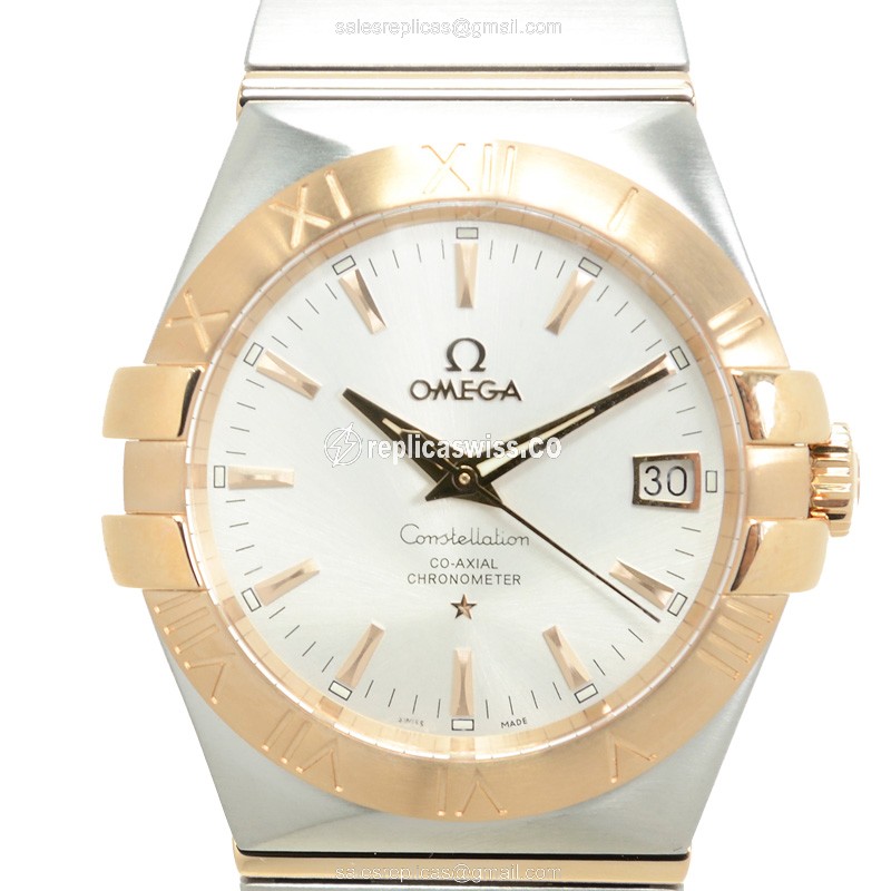 Omega Constellation Replica - Automatic - 18kt Rose Gold & Steel - Silver Dial - Clasp - Silver Strap