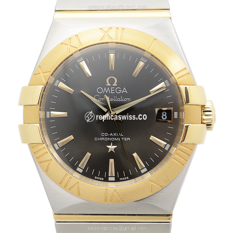 Omega Constellation Replica - Automatic - 18kt Gold & Steel - Dark Grey Dial - Silver Strap - Luxury Replica CONSTELLATION Watch