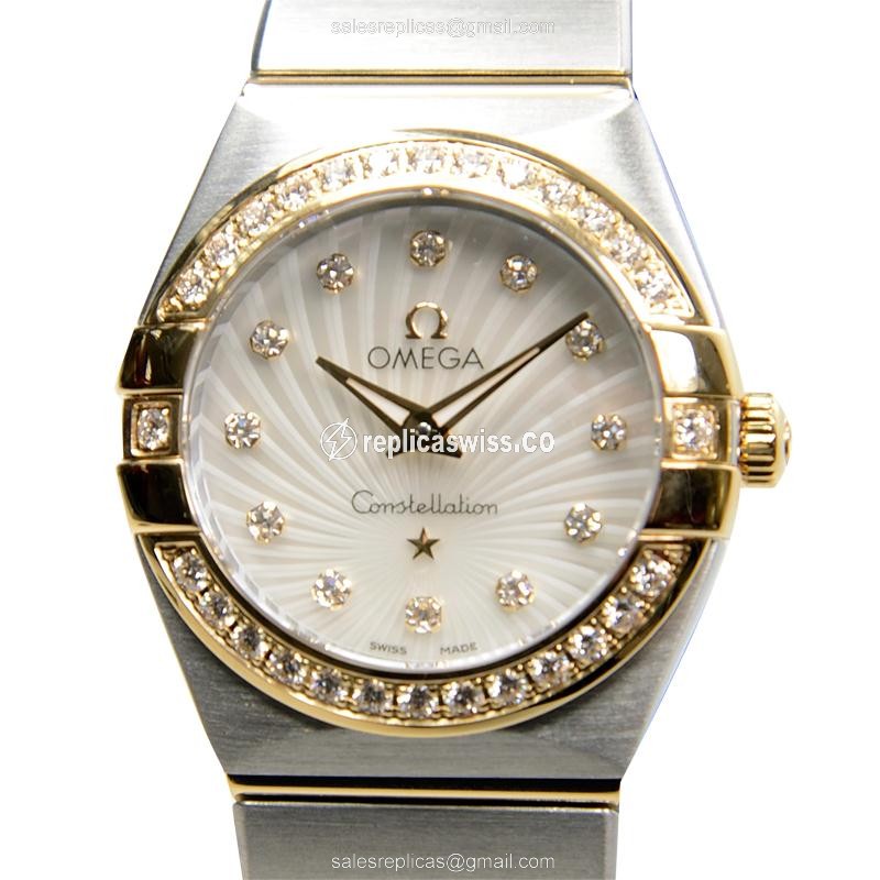Omega Constellation Replica - Quartz - 18kt Gold & Diamond - White Dial - Steel Case - Silver Strap - Luxury Replica CONSTELLATION Watch