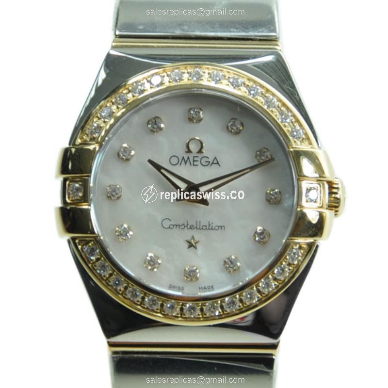 Omega Constellation Quartz Replica - 18kt Gold & Diamond - White Dial - Silver 18kt Steel Strap
