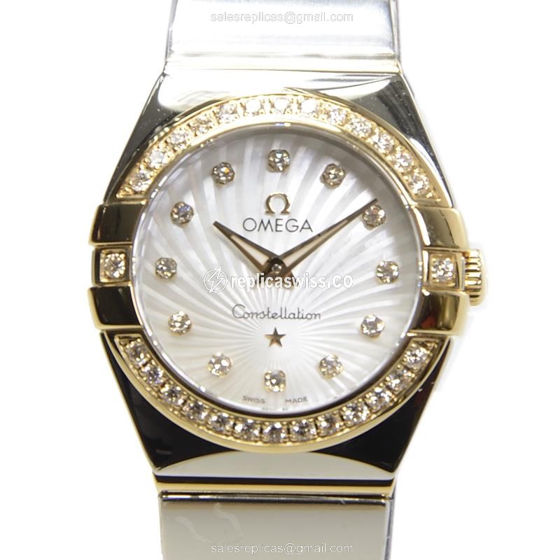 Omega Constellation Quartz 18kt Gold & Diamond - White Dial - Silver 18kt Steel Strap