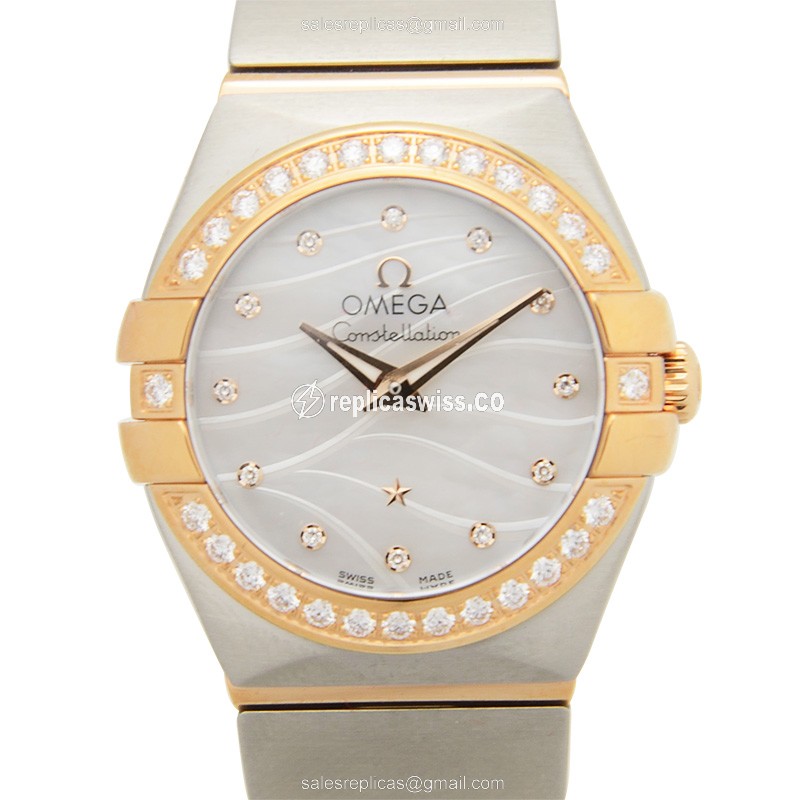 Omega Constellation Replica - Quartz - 18kt Rose Gold - Diamond Dial - White - Silver Steel Strap - Luxury Replica CONSTELLATION Watch