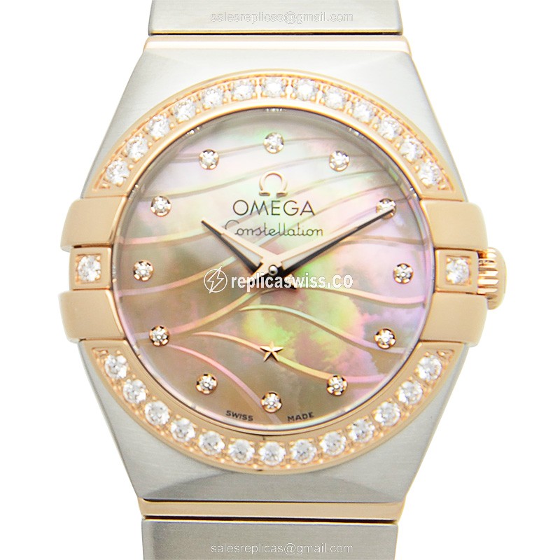 Omega Constellation Quartz Replica - 18kt Rose Gold Case - Pink Dial - Silver Steel Strap