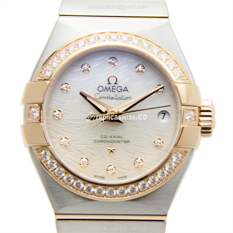 Omega Constellation Replica - Automatic 18kt Rose Magic - White Dial - Gold Clasp - Steel Strap