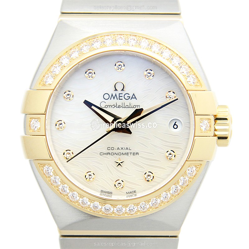 Omega Constellation Replica - Automatic - 18kt Gold & Diamond - White Dial - Silver Steel Strap