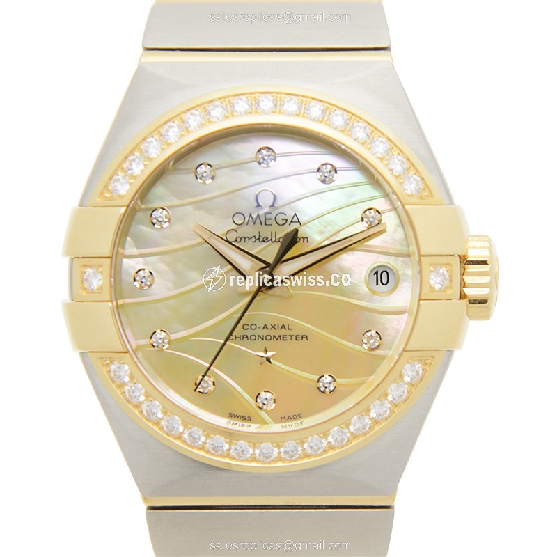 Omega Constellation Replica - Automatic - Gold & Diamond Bezel - 18kt Gold Case & Silver Strap