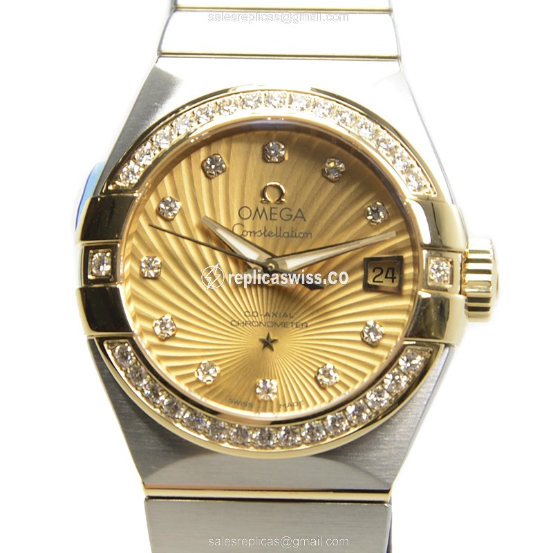 Omega Constellation Replica - Automatic - 18kt Gold & Diamond - Steel Case - Gold Dial - Silver Strap