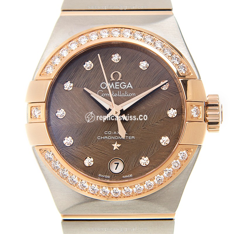 Omega Constellation Replica - Automatic - 18kt Rose Gold - Brown Dial - Diamond Bezels