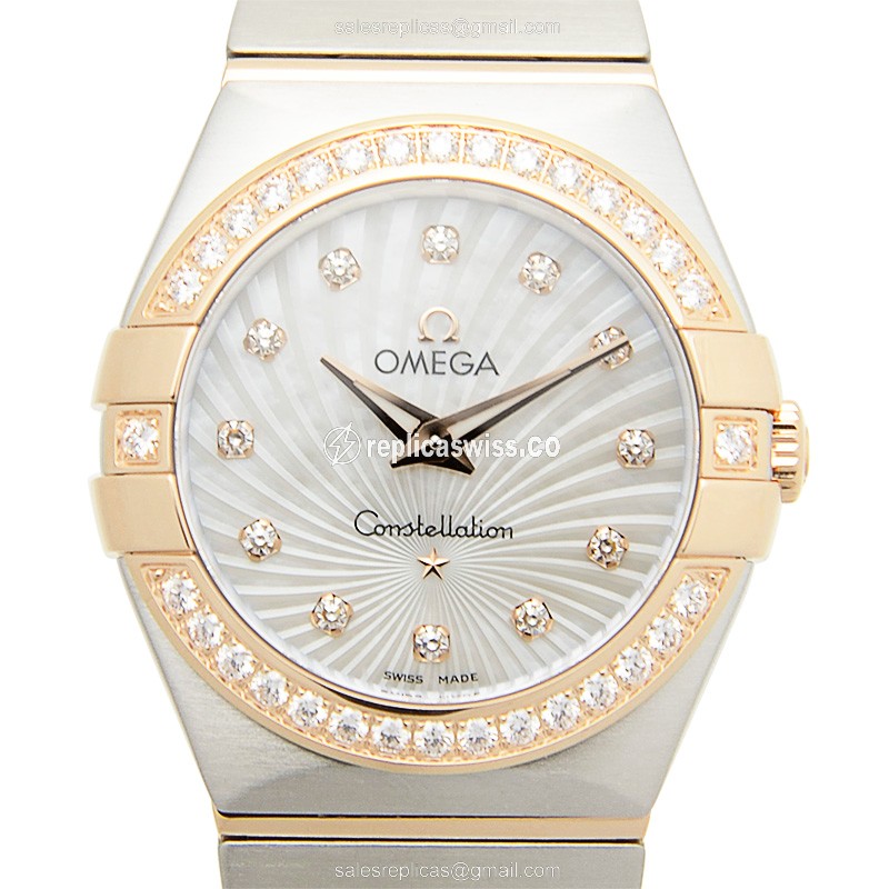 Omega Constellation Quartz Replica - 18kt Rose Gold - Diamond Dial - Silver Clasp - Steel Strap - Luxury Replica CONSTELLATION Watch