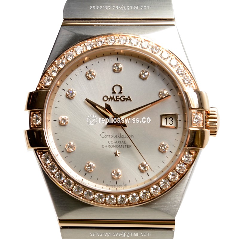 Omega Constellation Replica - 18kt Rose Gold - Automatic - Silver Dial - Diamond Accents - Steel Band
