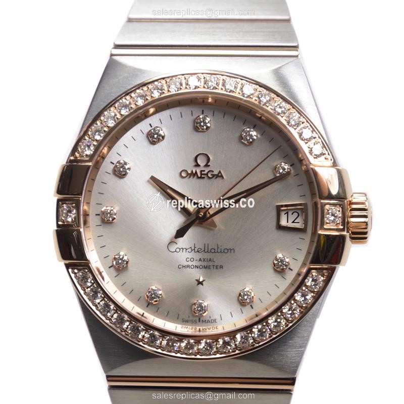 Omega Constellation Replica - Automatic 18kt Rose - Diamond Silver Dial - Steel Silver Clasp