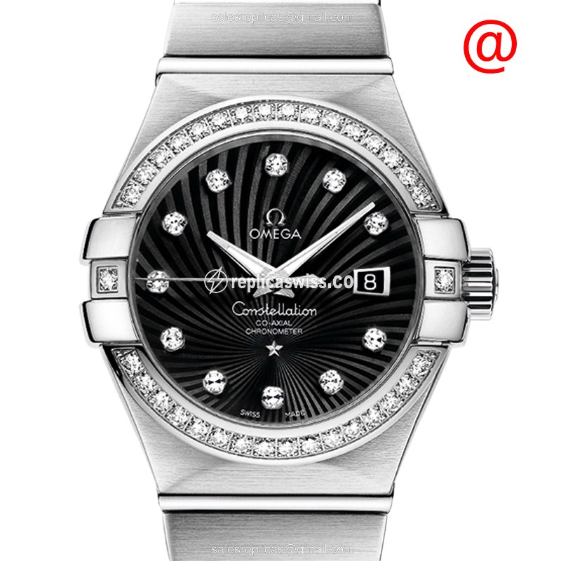 Omega Constellation Replica - Automatic - 18kt White Gold - Diamond - Black Dial - Silver Gold Clasp