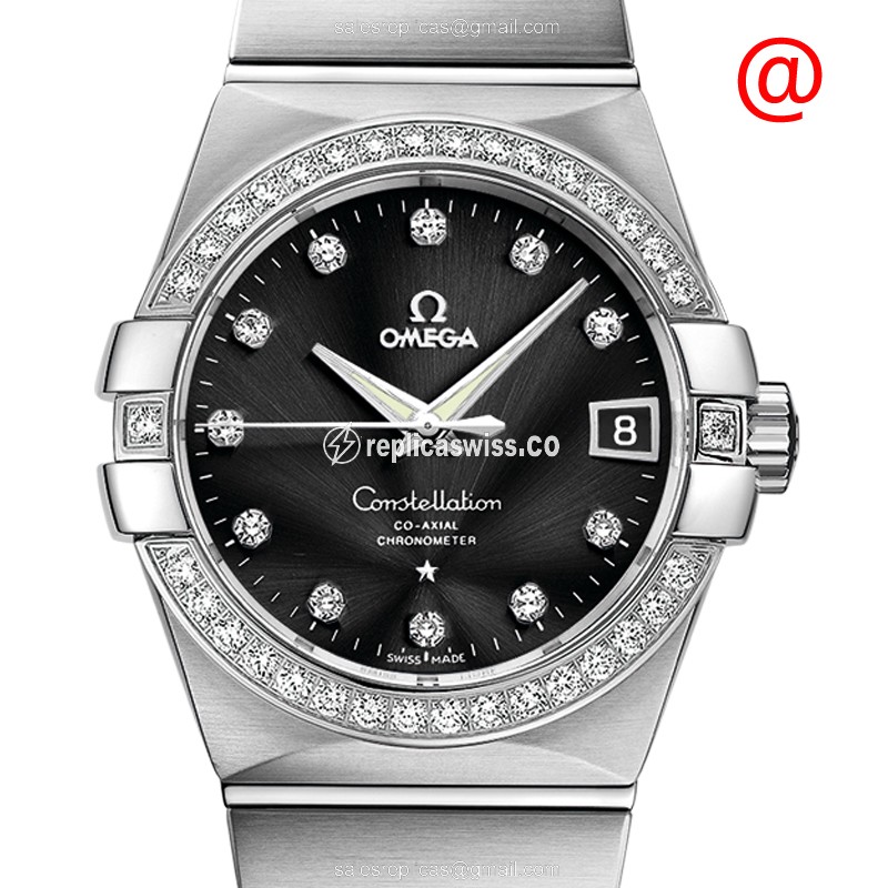 Omega Constellation Replica - Automatic - 18kt White Gold - Diamond - Black Dial - Silver Gold Clasp