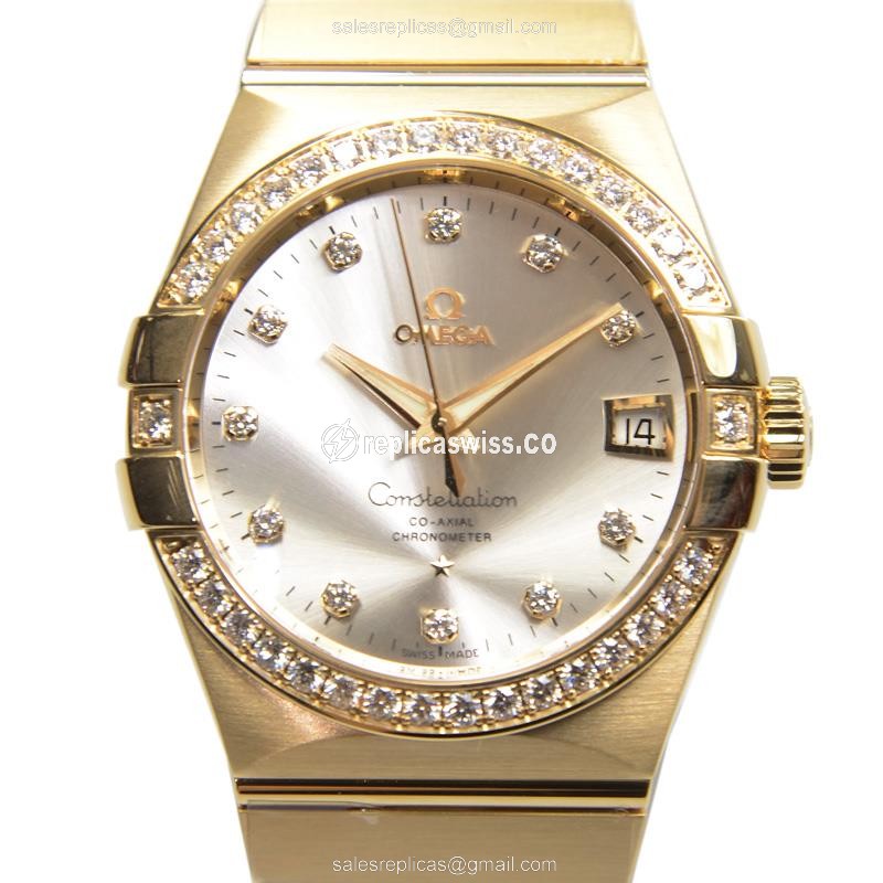 Omega Constellation Replica - Automatic 18kt Gold - Diamond Silver Dial - Gold Strap