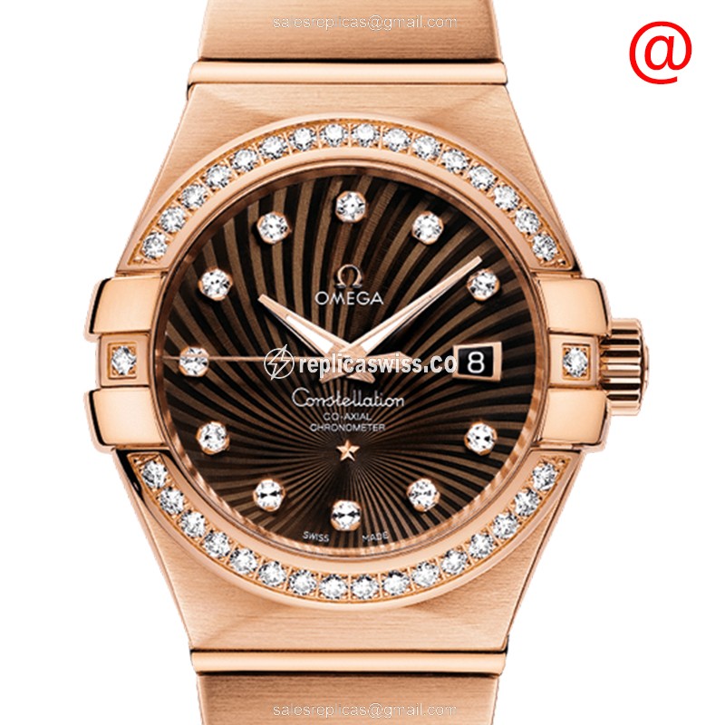 Omega Constellation Replica - Automatic 18kt Rose Gold & Diamond - Brown Dial - Gold Clasp