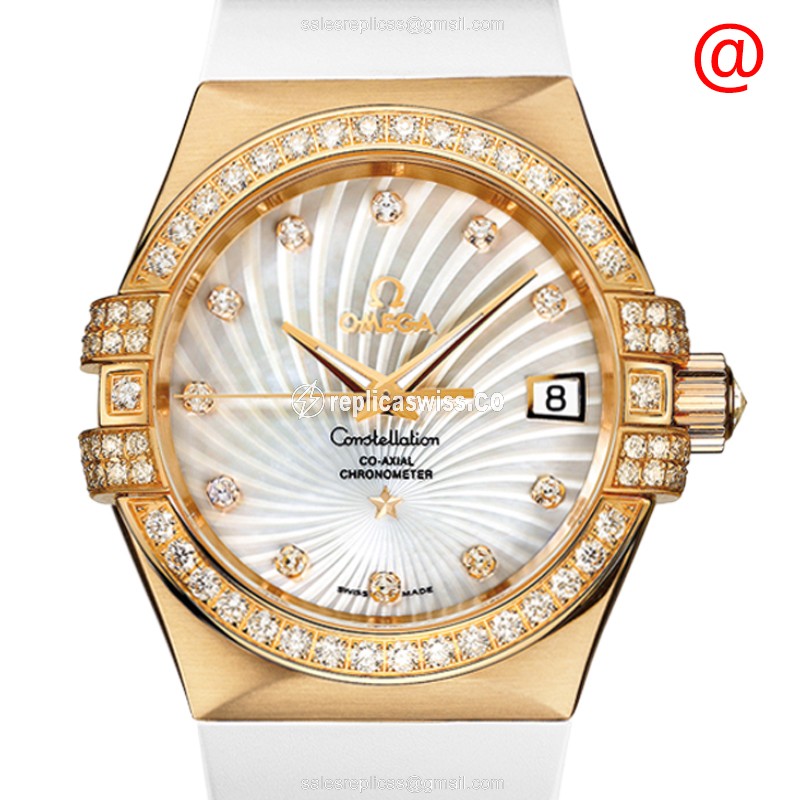 Omega Constellation Replica - Automatic 18kt Gold & Diamond - White Dial, Rubber Strap - Luxury Replica CONSTELLATION Watch
