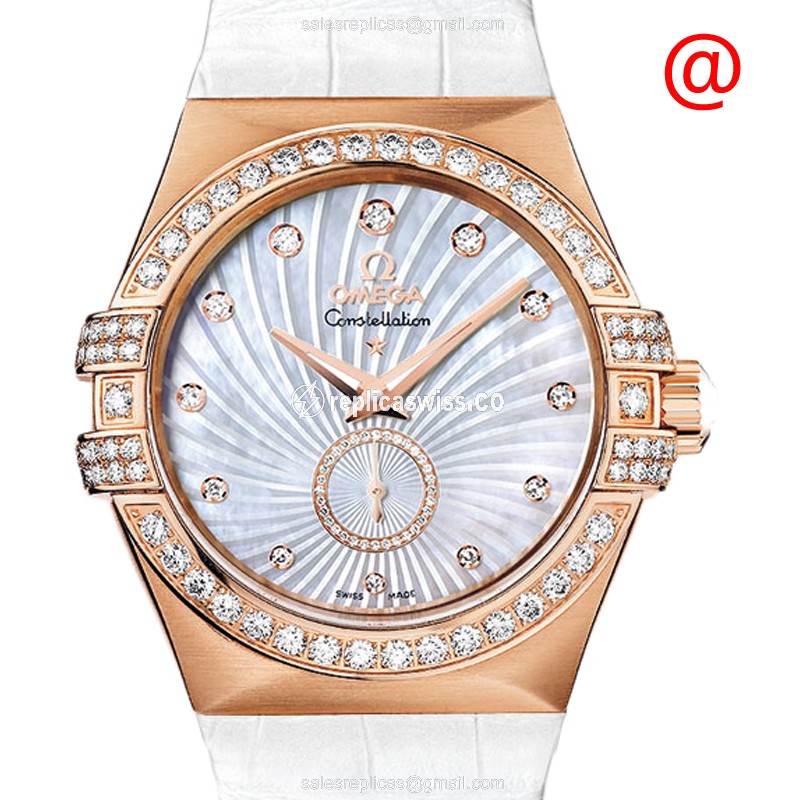 Omega Constellation Replica - Automatic - 18kt Rose Gold - Diamonds - White Dial - Leather Strap - Buckle Clasp