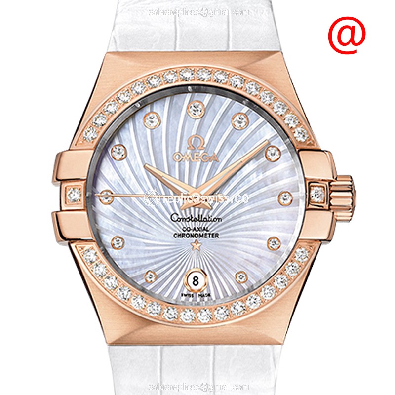 Omega Constellation Replica - Automatic - 18kt Rose Gold - Diamond Bezel - White Dial - Leather Strap - Buckle Clasp