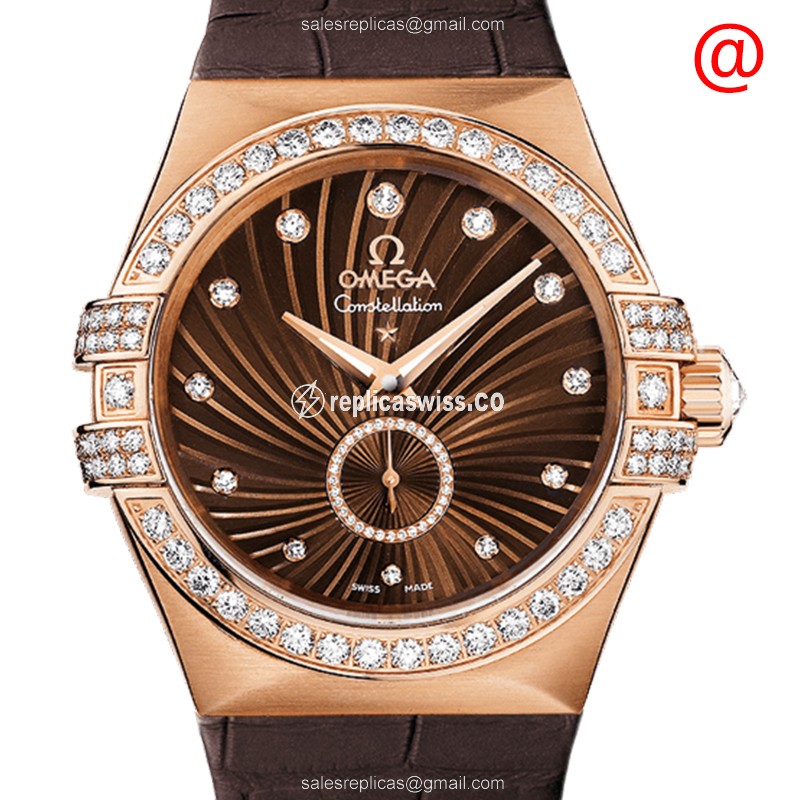 Omega Constellation Replica - Automatic - 18kt Rose Gold - Diamond Bezel - Brown Dial & Leather Strap - Luxury Replica CONSTELLATION Watch