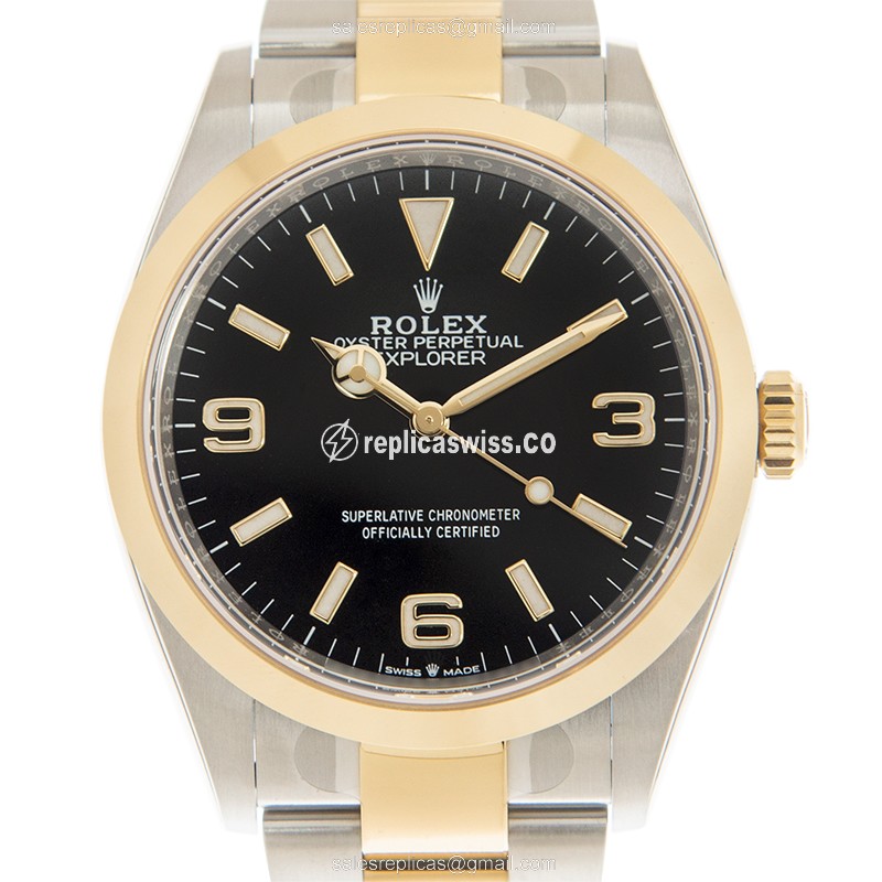 Rolex Explorer Replica - 18kt Gold & Steel - Automatic - Black Dial, Gold Strap - Luxury Rolex Replica Watch