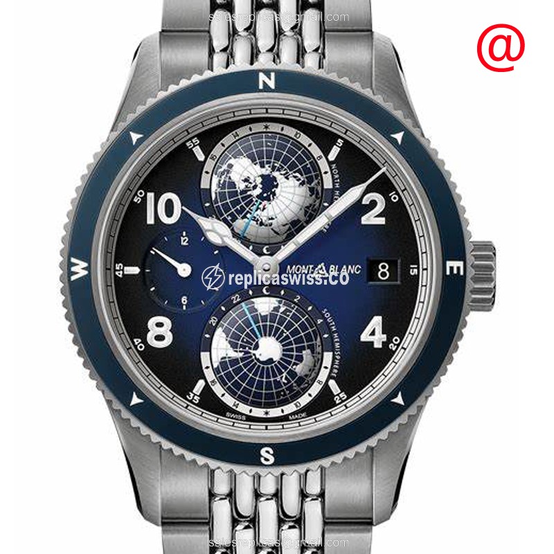 Mont Blanc 125567 1858 Automatic Titanium Watch - Blue Dial, Silver Titanium Strap, Clasp - Luxury Replica 1858 Watch
