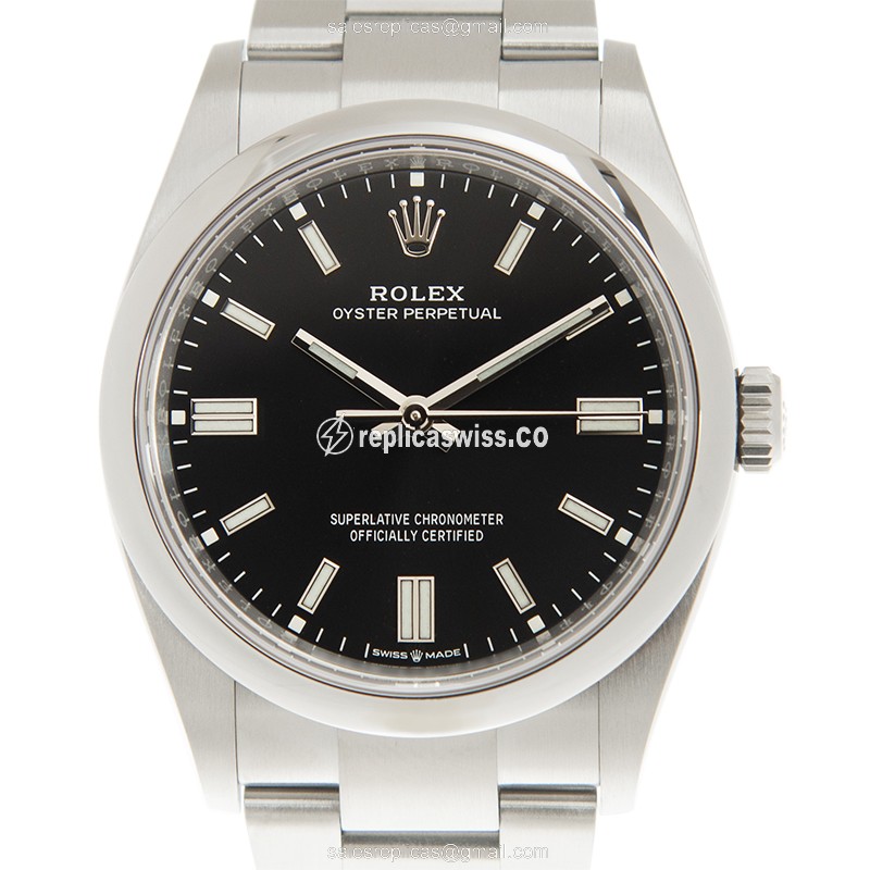 Rolex OYSTER PERPETUAL Replica - Automatic - Steel Case, Black Dial on Silver Steel Strap - Luxury Replica OYSTER PERPETUAL Watch