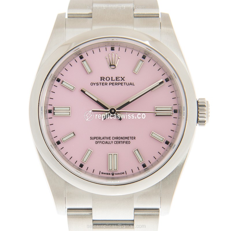 Rolex OYSTER PERPETUAL Replica - Automatic - Steel - Pink Dial on Silver - Luxury Replica OYSTER PERPETUAL Watch