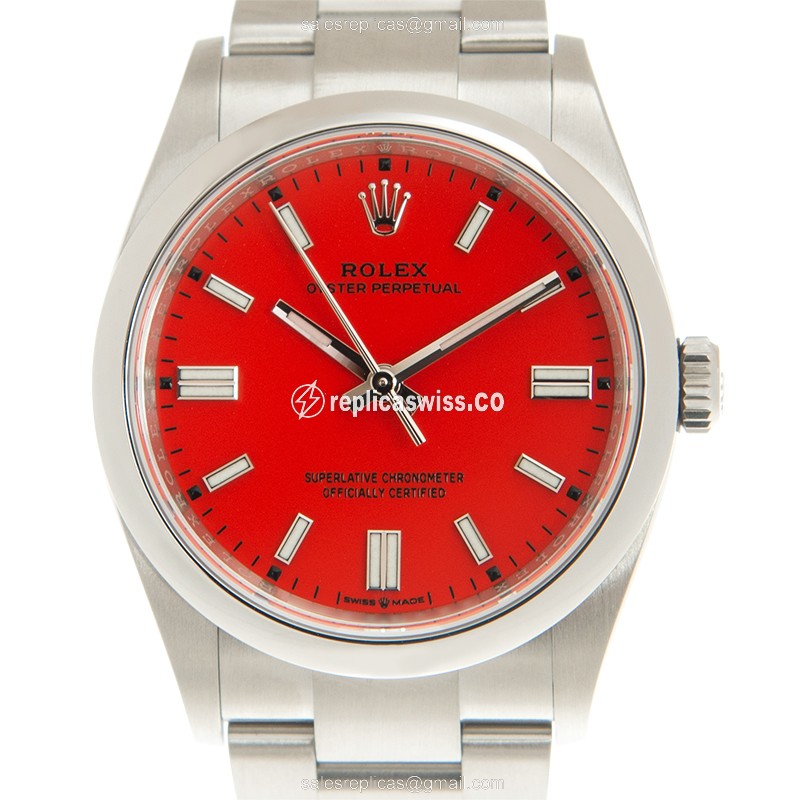 Rolex OYSTER PERPETUAL Automatic Steel - Red Dial on Silver Steel Band - Luxury Replica OYSTER PERPETUAL Watch