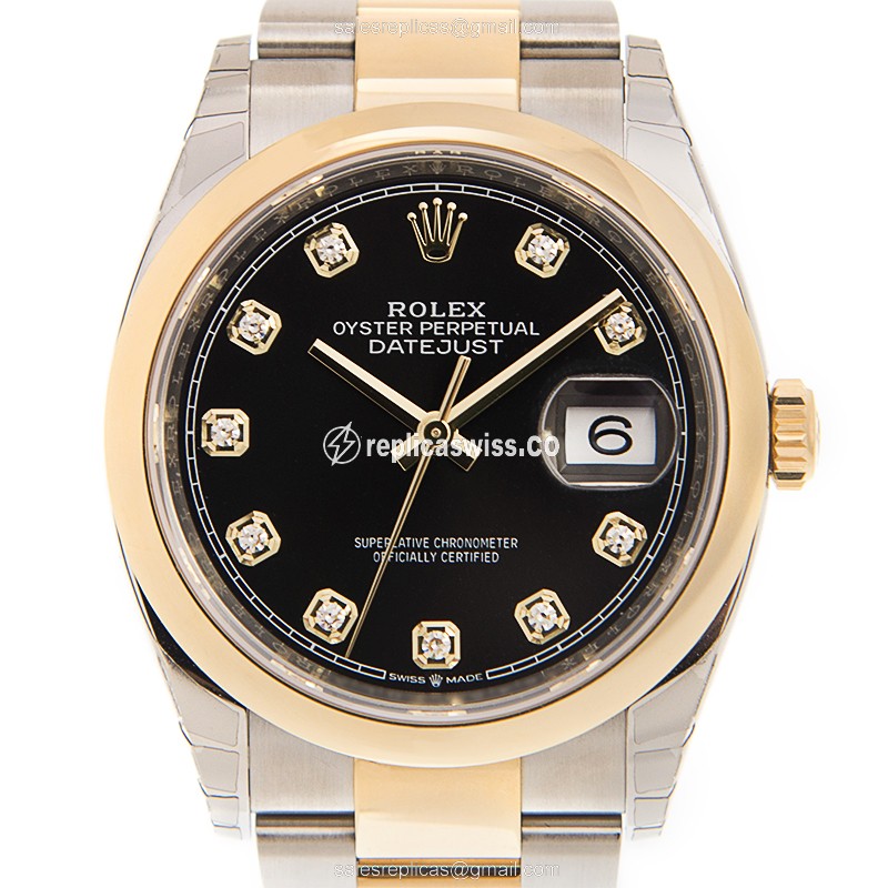 Rolex DATEJUST Replica - Automatic - 18kt Gold & Steel Case - Black Dial, Gold Clasp - Luxury Replica DATEJUST Watch