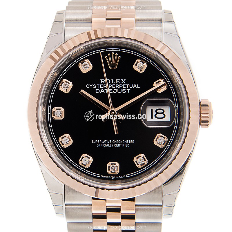 Rolex Datejust Replica - Automatic - 18kt Rose Gold & Steel Case - Black Dial on Gold Strap